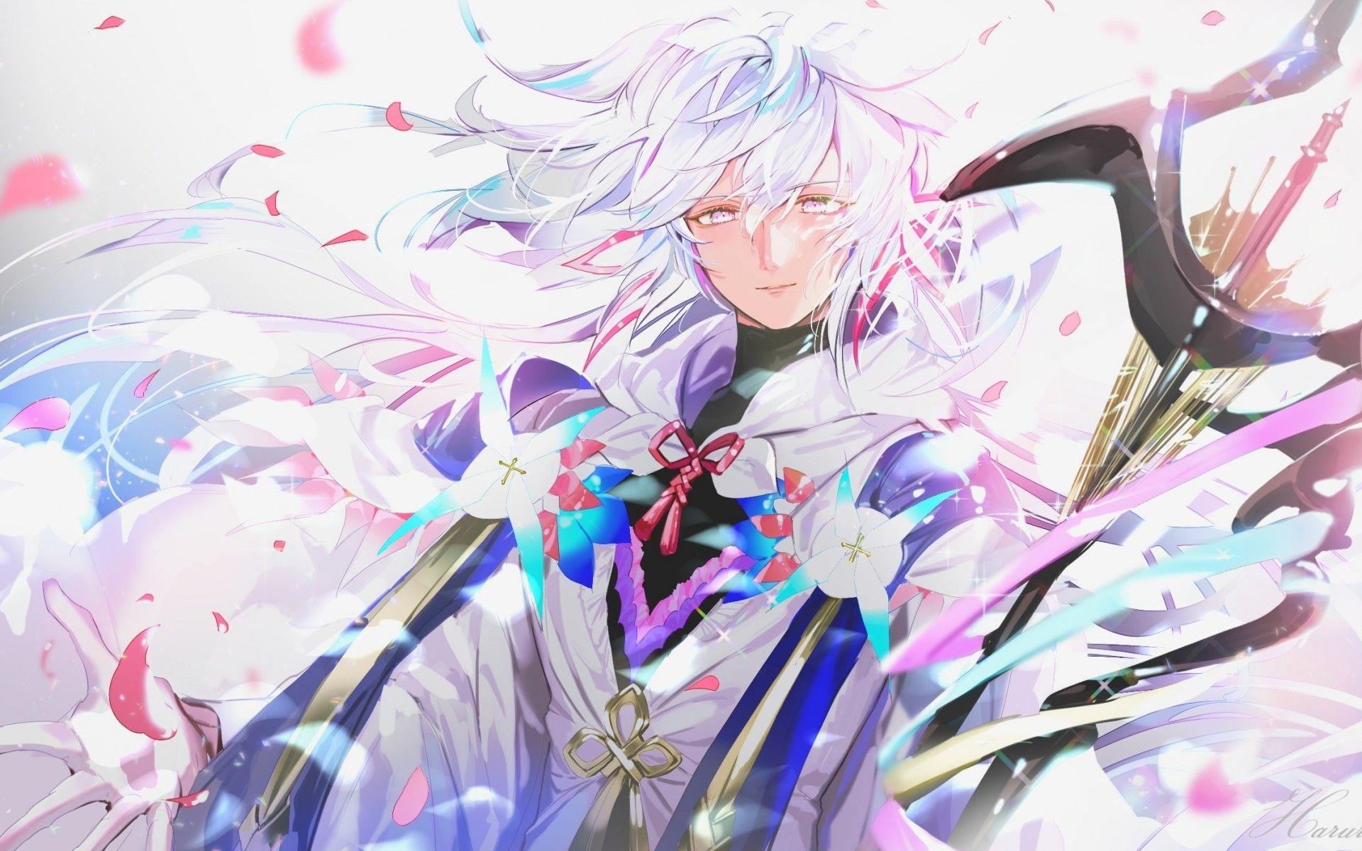 1920x1200 Download 1920x1200 Merlin, Fate Grand Order, Handsome, White Hair, Wind, Petals Wallpaper for MacBook Pro 17 inch