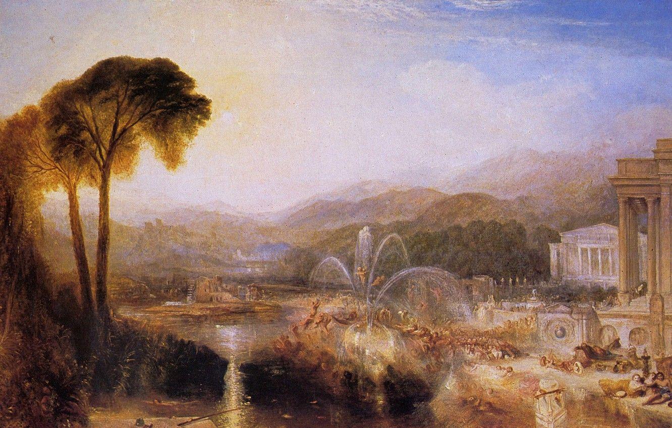1332x850 Wallpaper trees, landscape, mountains, picture, William Turner, The Fountain Of Indolence image for desktop, section живопись