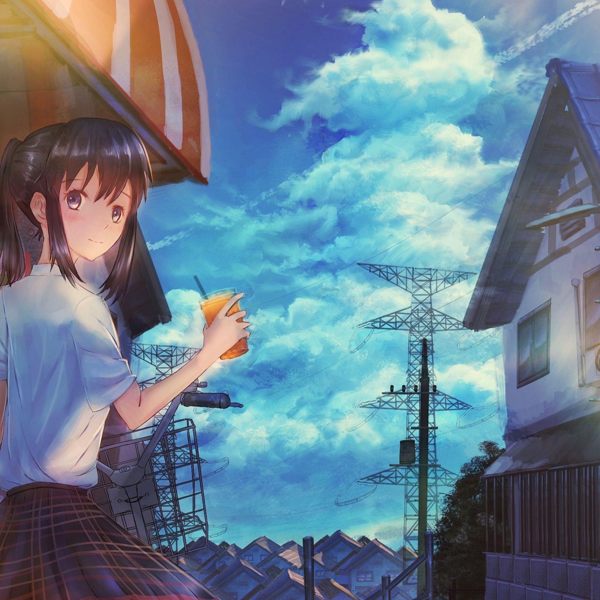 2048x2048 Anime School Girl With Summer Drink iPad Air HD 4k Wallpaper, Image, Background, Photo and Picture