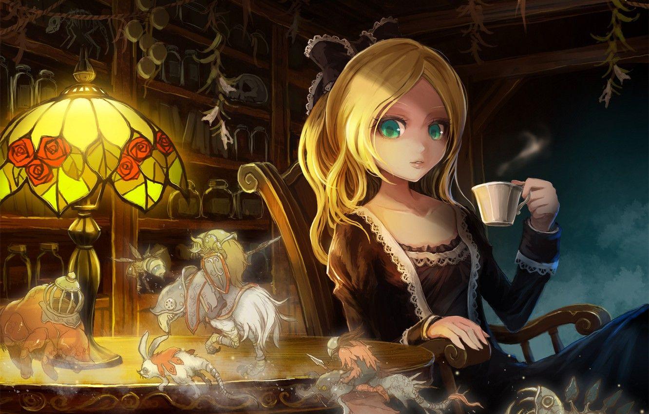 1332x850 Wallpaper girl, surprise, anime, drink, art, green eyes, vision, Takarl Ume image for desktop, section прочее