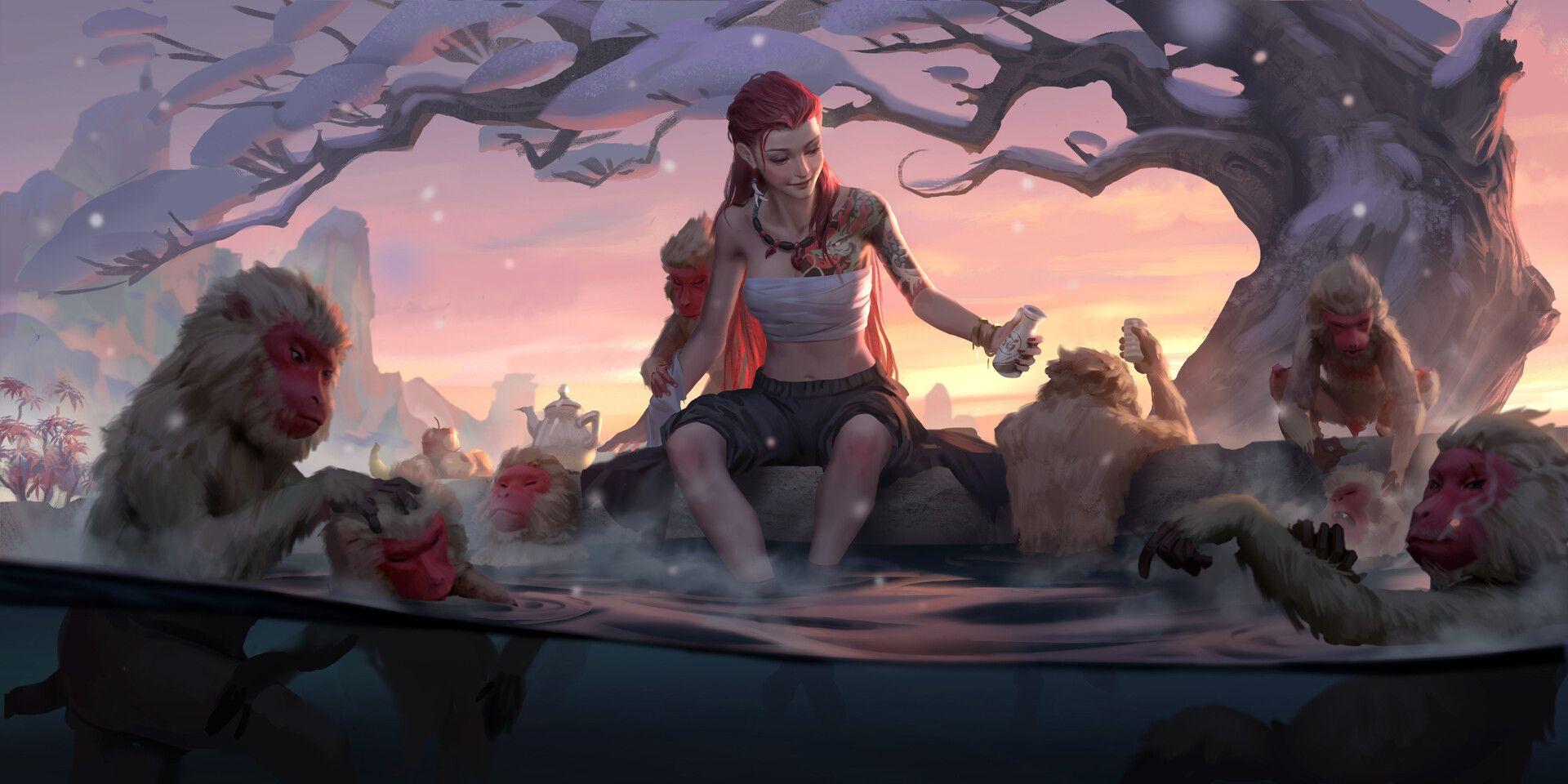 1920x960 Anime Girls Original Characters Monkey Hot Spring Redhead Winter Snow Sake Drink Drinking Wallpaper:1920x960
