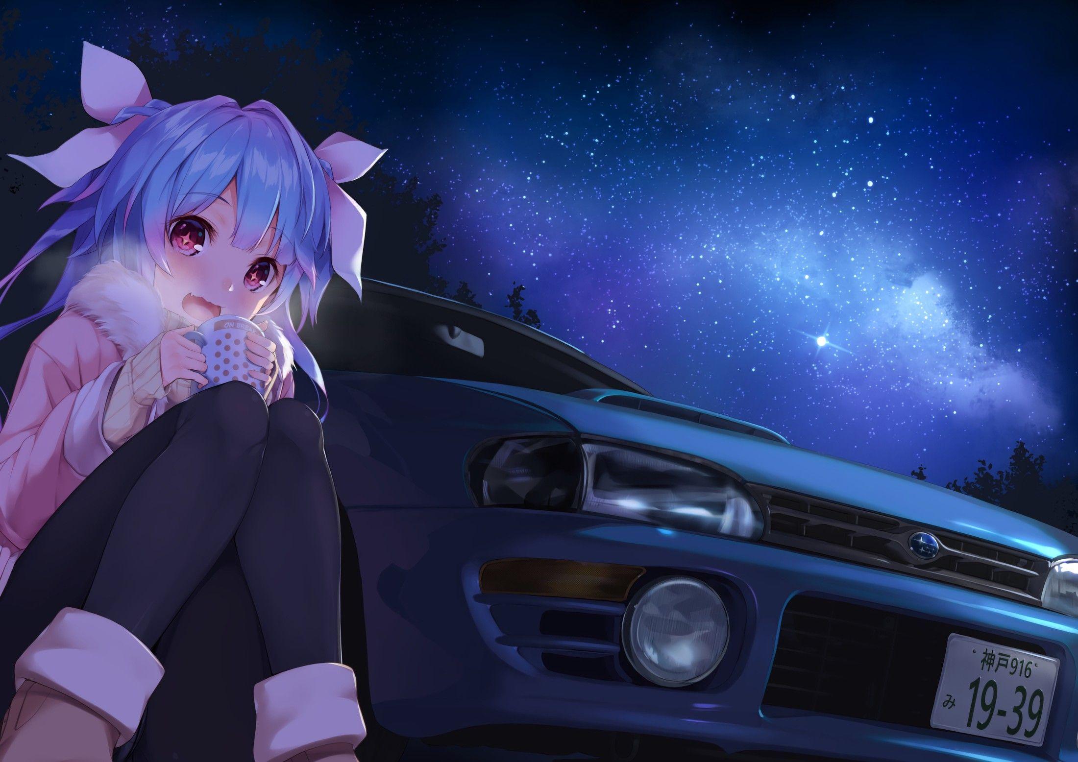 2200x1556 blue hair, Long hair, Red eyes, Anime, Anime girls, Kantai Collection, I 19 (KanColle), Drink, Sky, Stars, Twintails, Car HD Wallpaper / Desktop and Mobile Image & Photo