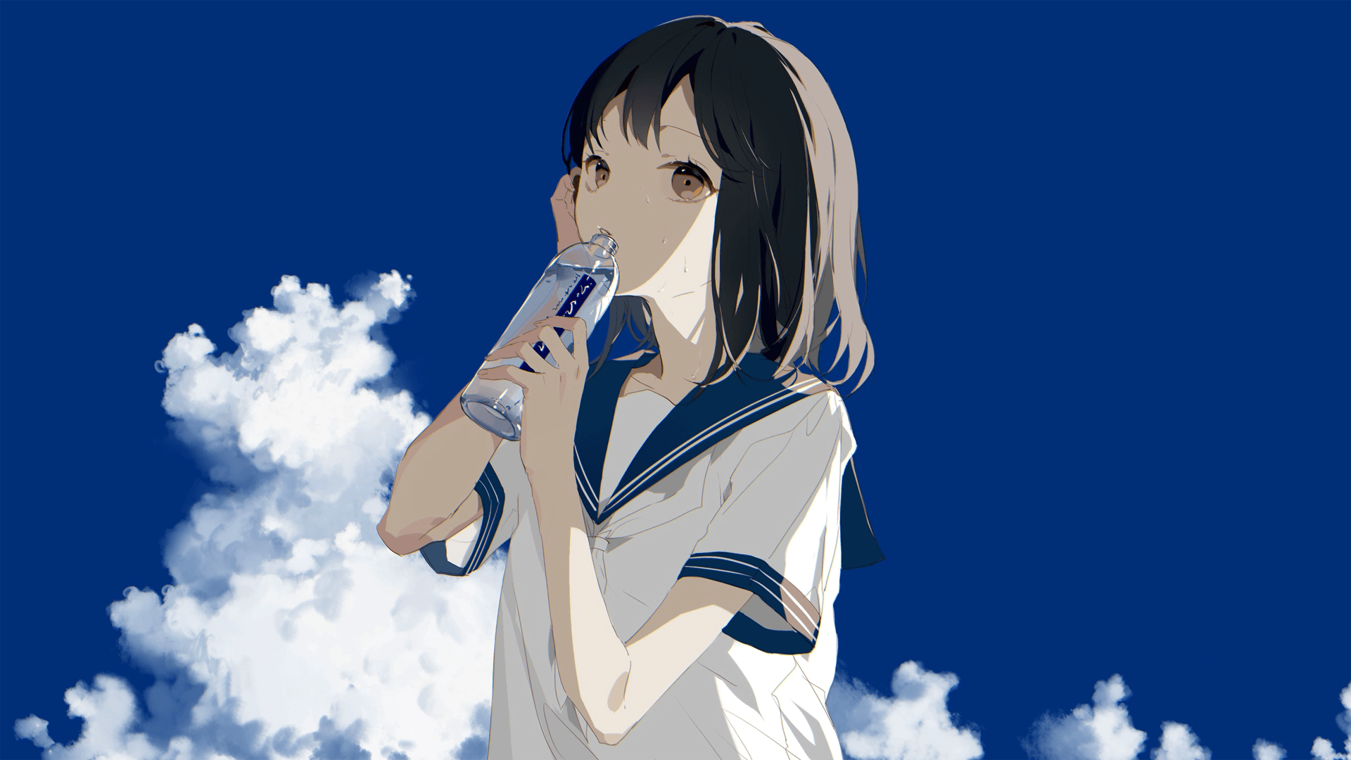 1920x1080 Anime Manga Anime Girls Simple Background Minimalism Schoolgirl Short Hair Clouds Blue Sky Drink Sai Wallpaper:1920x1080