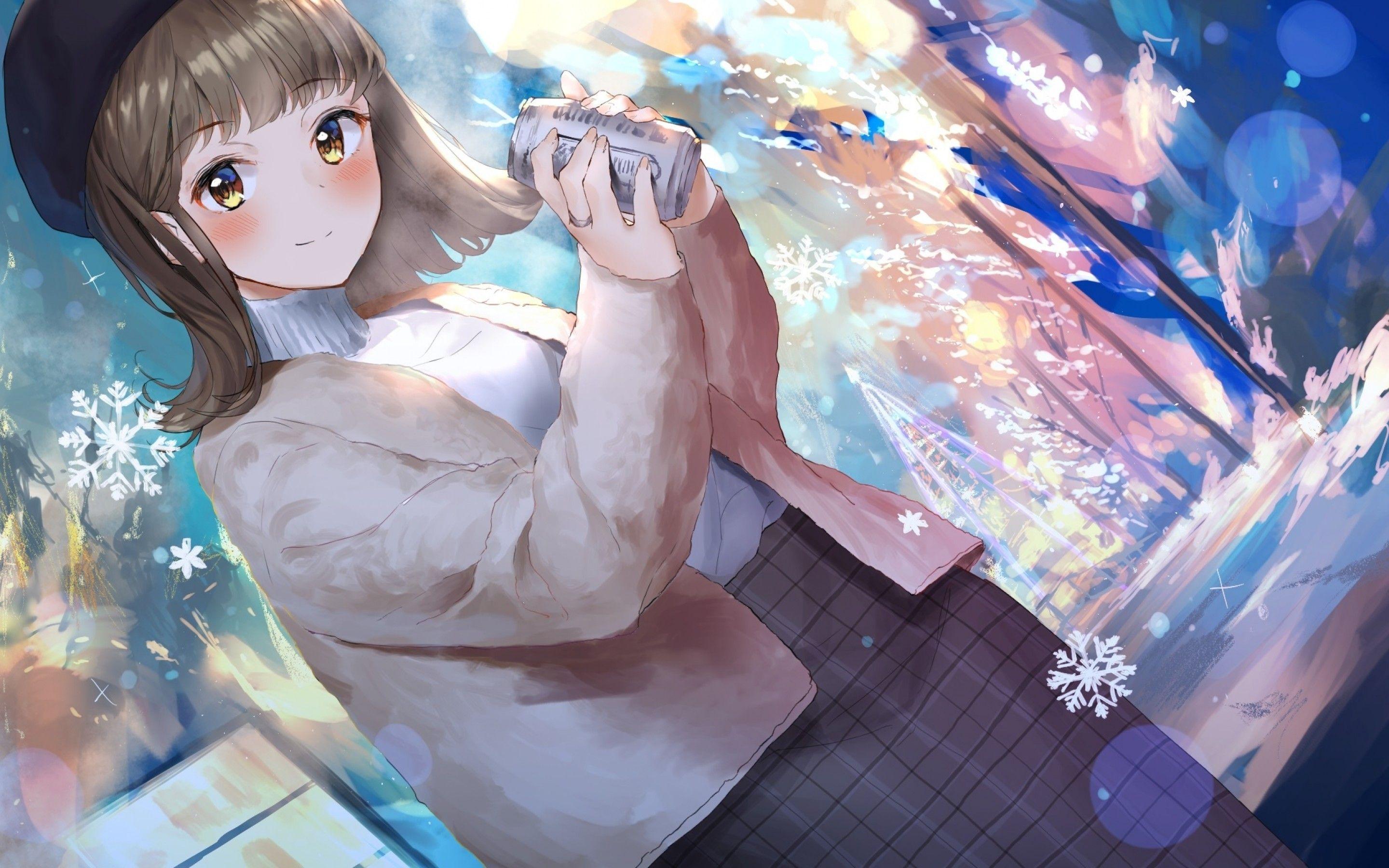 2880x1800 Download 2880x1800 Anime Girl, Winter, Brown Hair, Drink, Snowflakes Wallpaper for MacBook Pro 15 inch