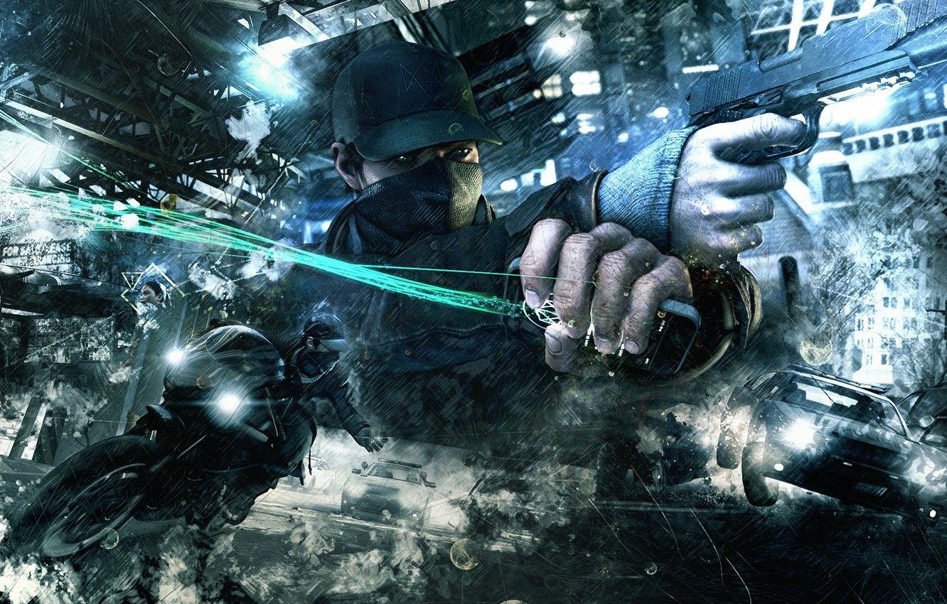 1332x850 Wallpaper Gun, Abstract, Ubisoft, Background, Watch Dogs, Ubisoft Montreal, Mask, Video Game, Aiden Pearce, Watchdogs, Aiden Action, Phone image for desktop, section игры