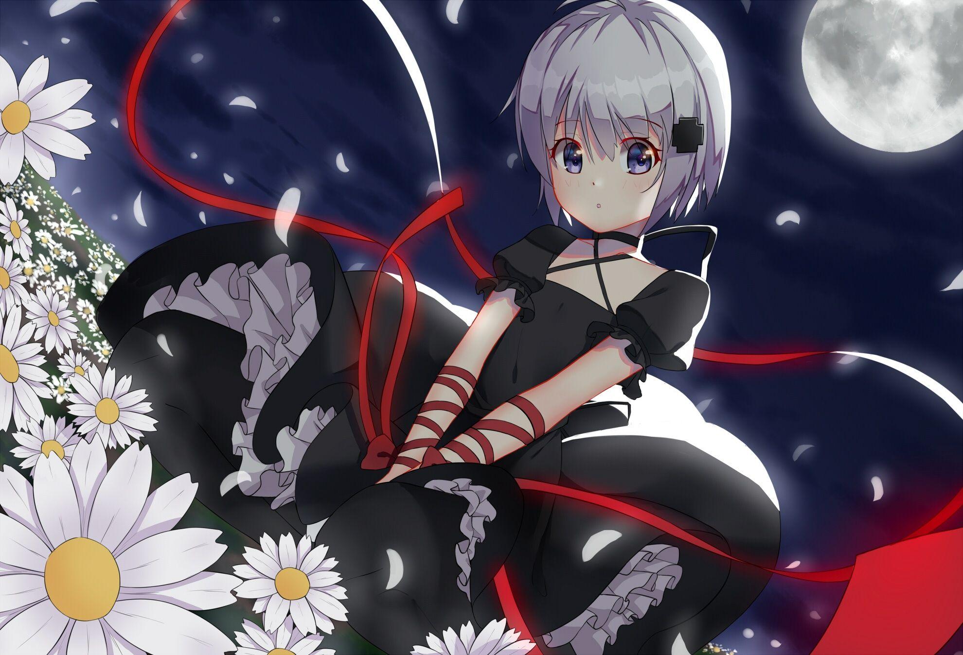 1980x1348 Wallpaper Daisies, Loli, Black Dress, White Hair, Kagari, Rewrite, Moon