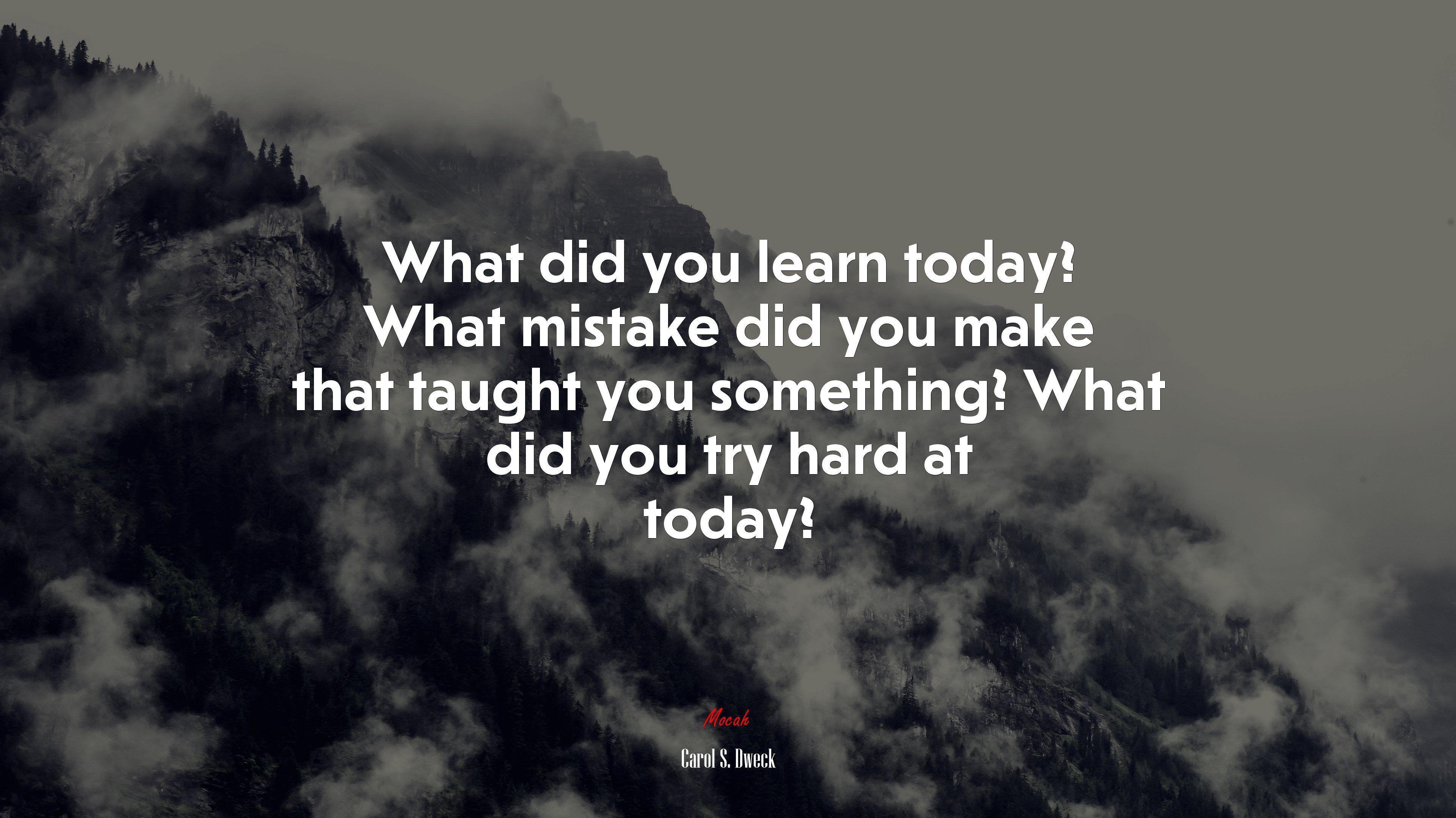 3840x2160 What did you learn today? What mistake did you make that taught you something? What did you try hard at today?. Carol S. Dweck quote, 4k wallpaper