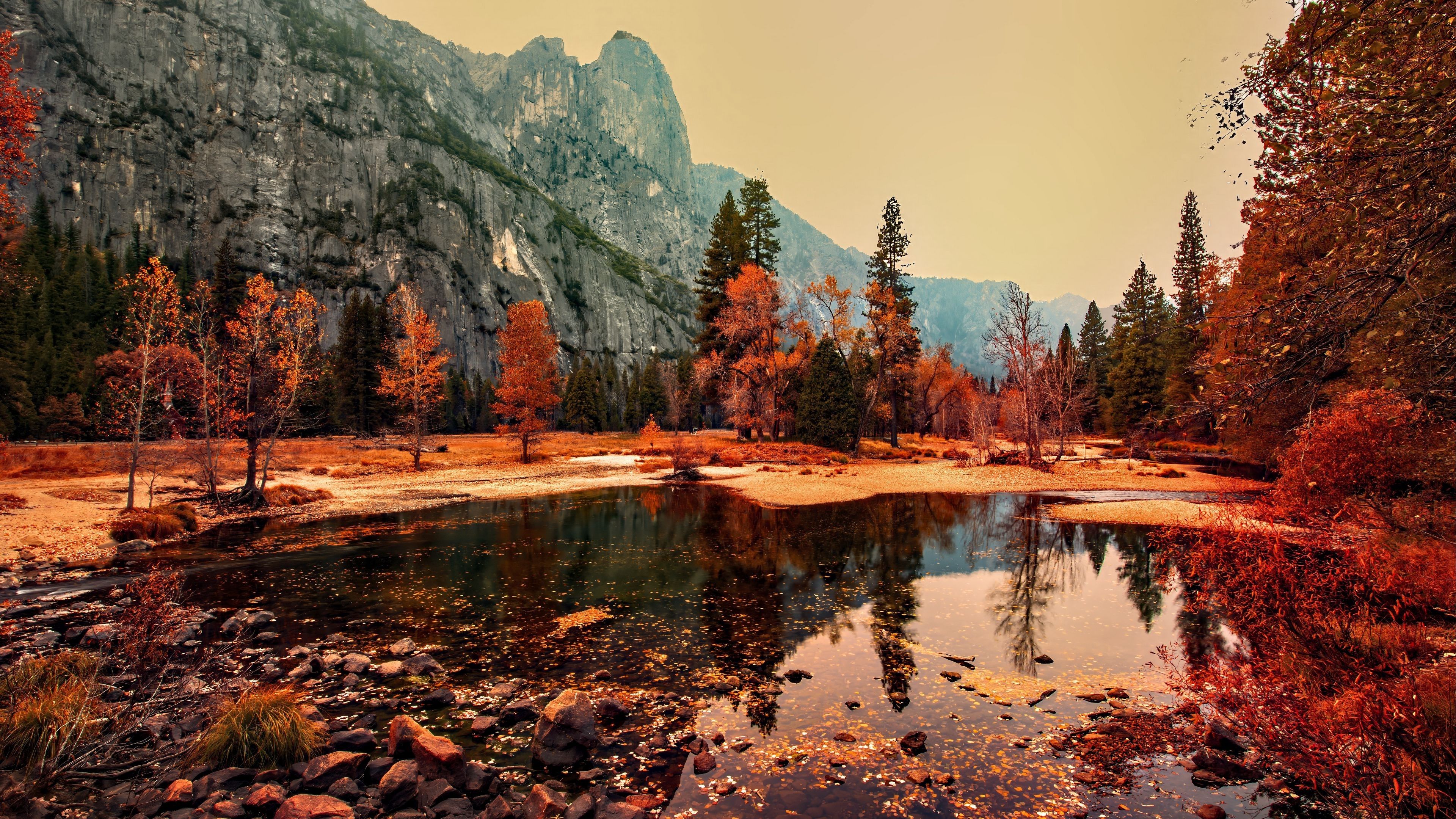 3840x2160 beautiful pond, trees, mountains, autumn wallpaper, background 4K HD Nature Wallpaper