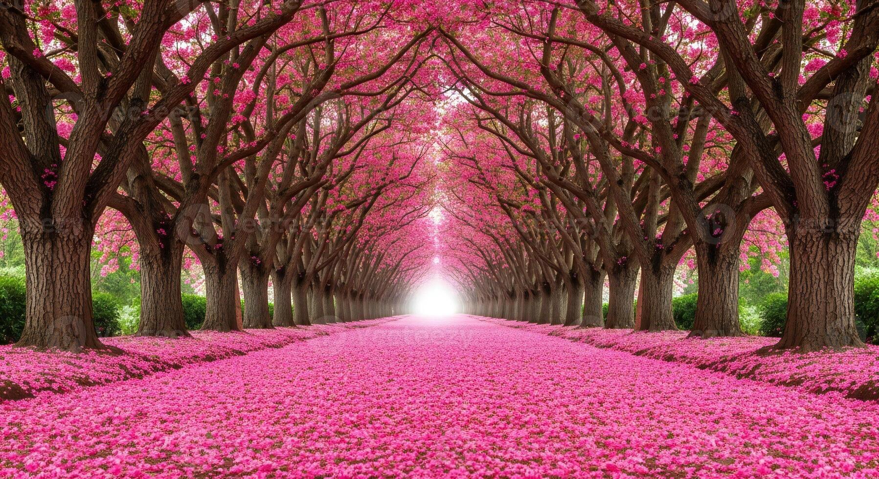 1797x980 Nature background, Nature wallpaper, A pictureque pathway lined with trees in full pink bloom their petals carpeting the ground