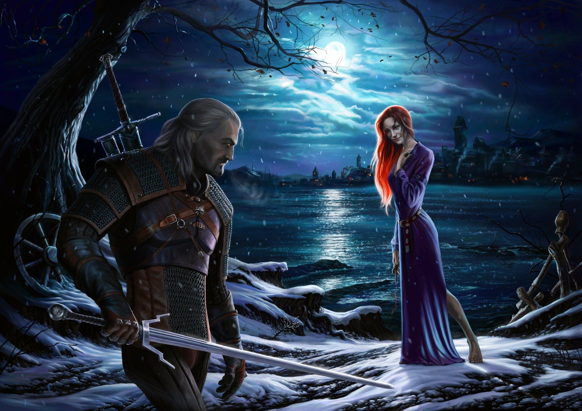 1920x1358 The Witcher 3: Wild Hunt Ultra HD Wallpaper of Geralt Under the Moon