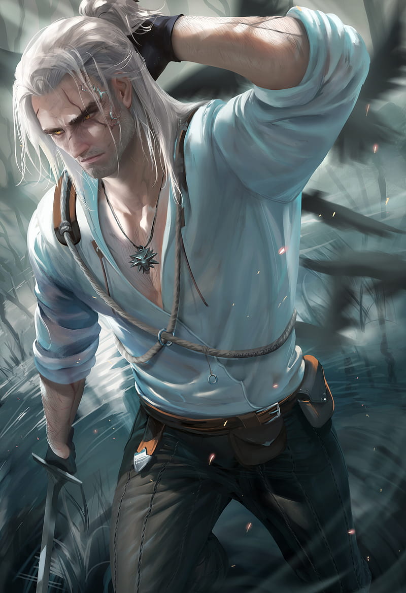 800x1169 The Witcher, video games, digital art, artwork, men, sword, white hair, Geralt of Rivia, HD phone wallpaper