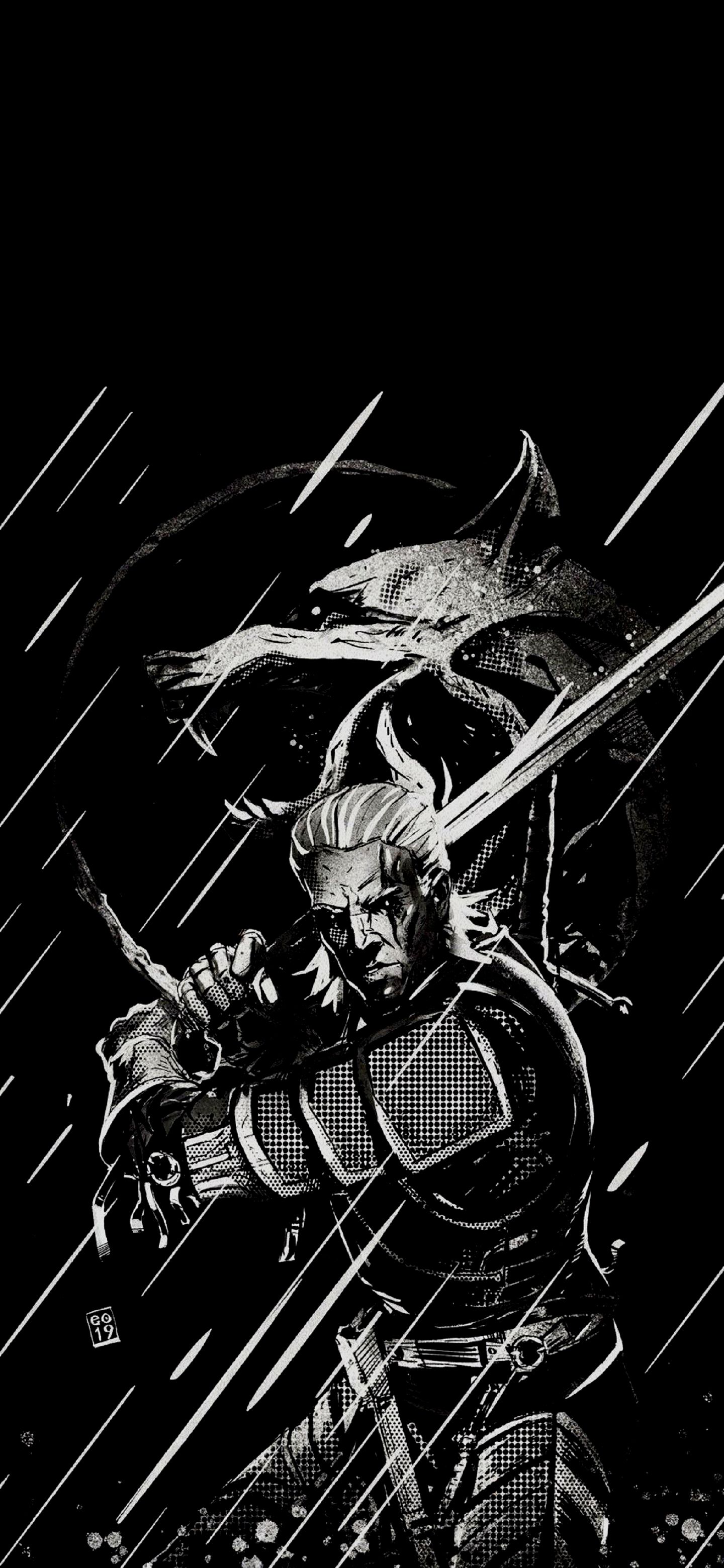 1440x3120 Wallpaper Black and White The Witcher Art, The Witcher 3 Wild Hunt, Geralt of Rivia, Alternative Movie Posters, Art, Background Free Image