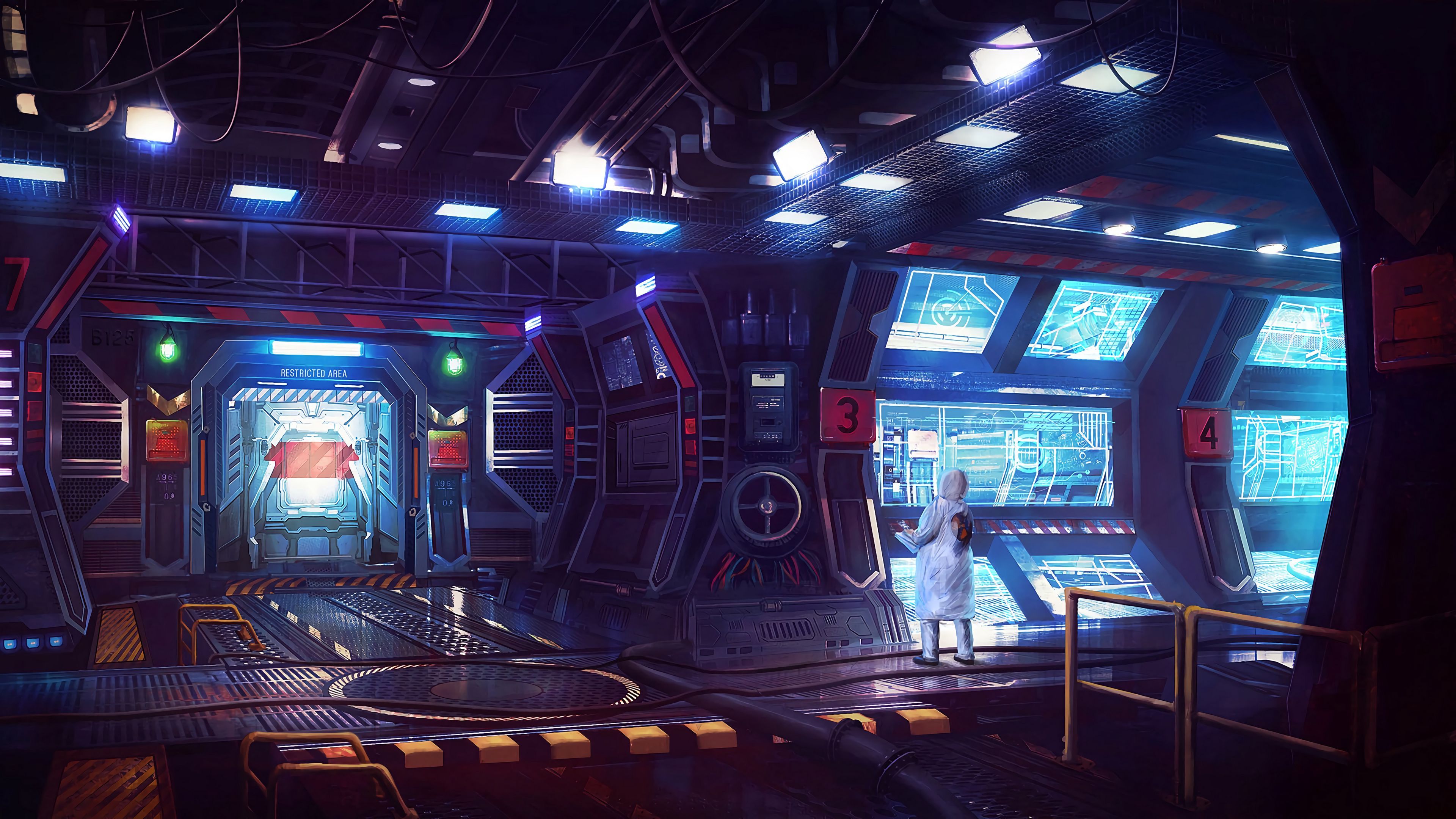 3840x2160 Download Wallpaper 3840x2160 Laboratory, Sci Fi, Art, Man, Monitors, Light 4k Uhd 16:9 HD Background