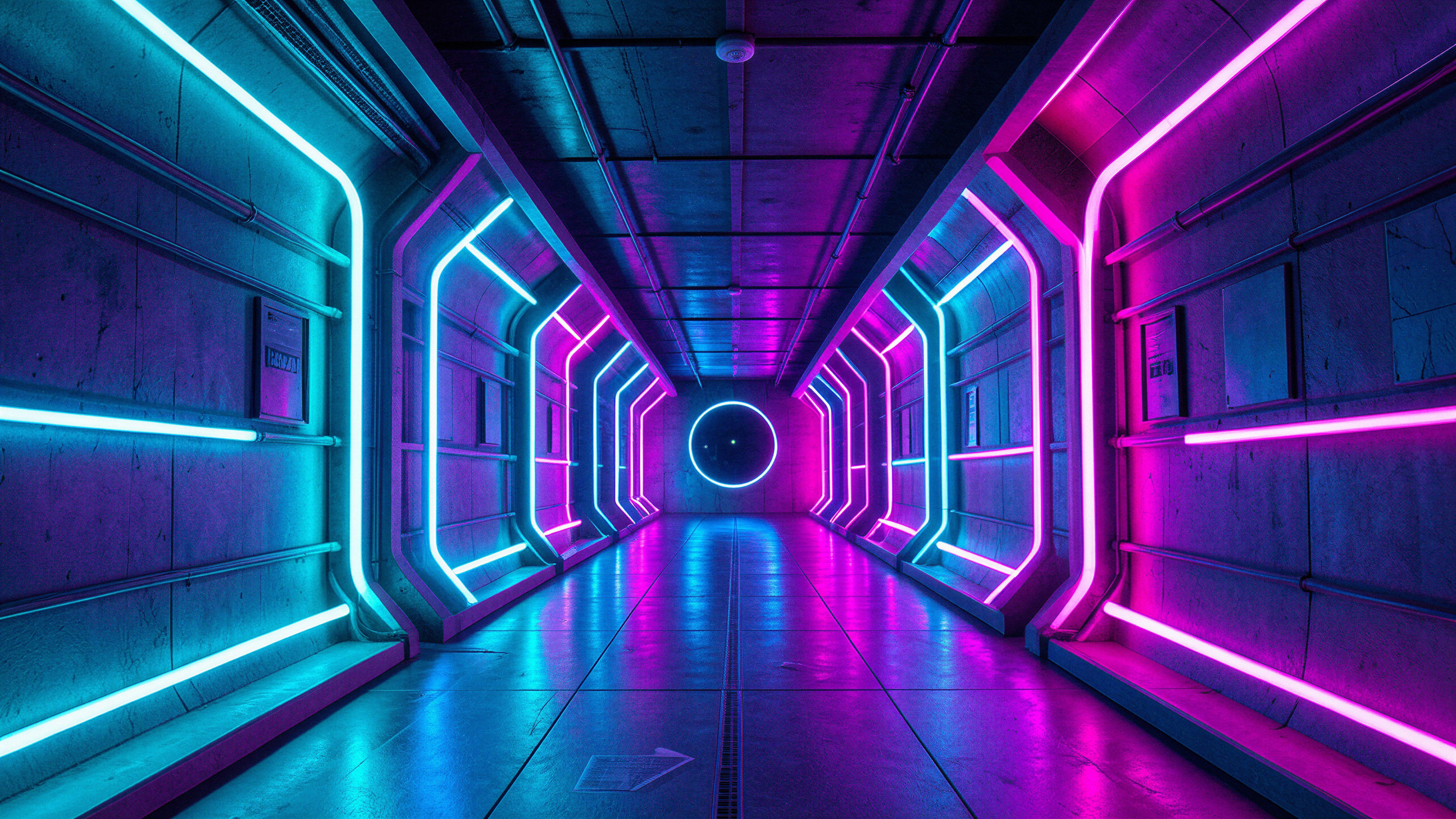 5120x2880 Futuristic laboratory tunnel with neon lights Wallpaper 4K for Desktop