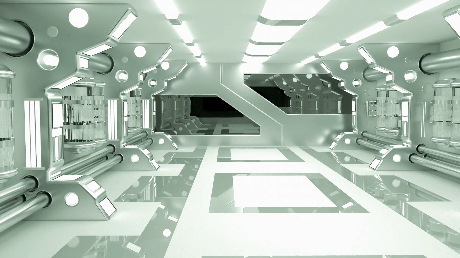 1920x1080 Clean sterile futuristic science fiction interior of a laboratory or spaceship. Generic technology and advanced engineering motion background. 3D rendering