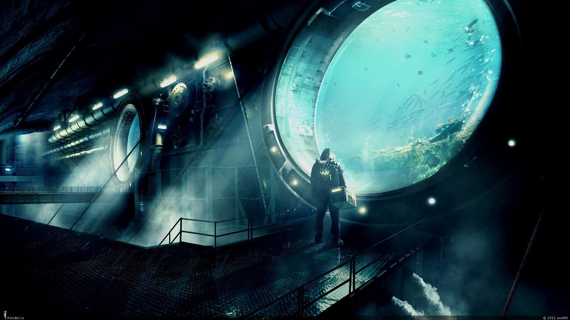 1920x1080 Person standing beside a window digital art, cyberpunk, futuristic, water, fish HD wallpaper