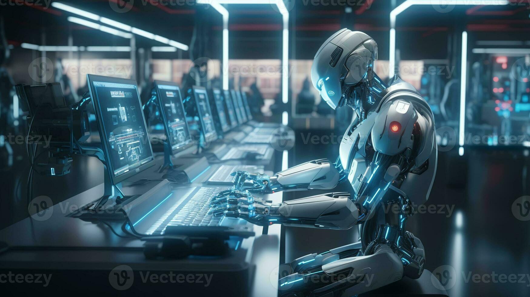 1749x980 A Futuristic AI Robot Conducts Research in a High Tech Lab Surrounded