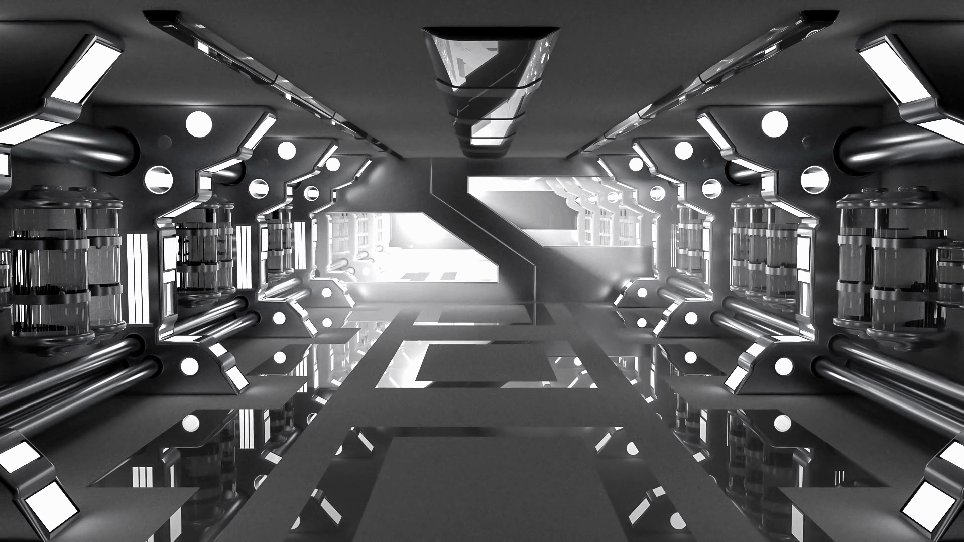 1920x1080 Clean sterile futuristic science fiction interior of a laboratory or spaceship. Generic technology and advanced engineering motion background. 3D rendering