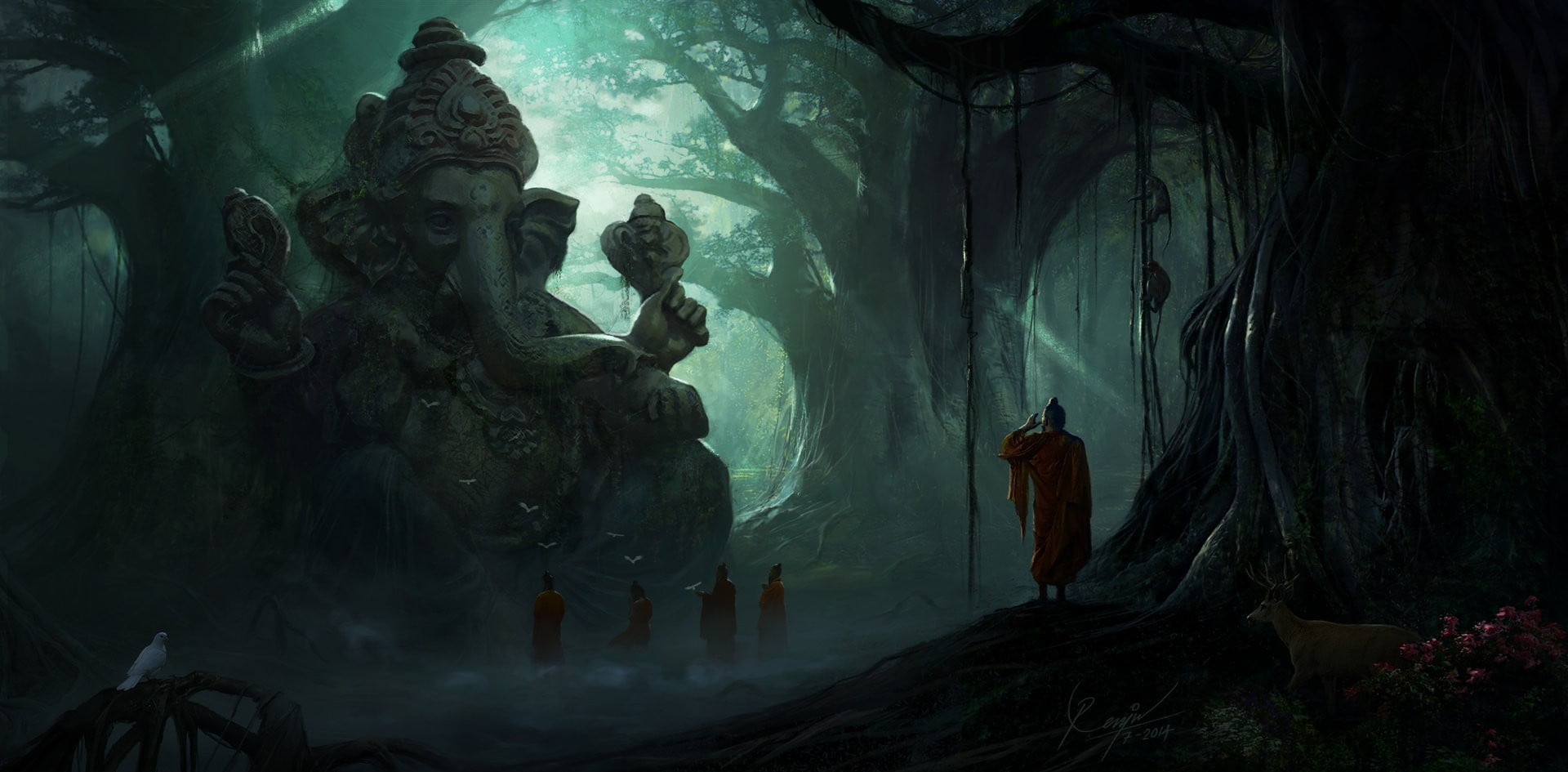 1920x945 Five people standing in front of Ganesha statue in forest digital wallpaper, abstract, Ganesha, trees, monks HD wallpaper