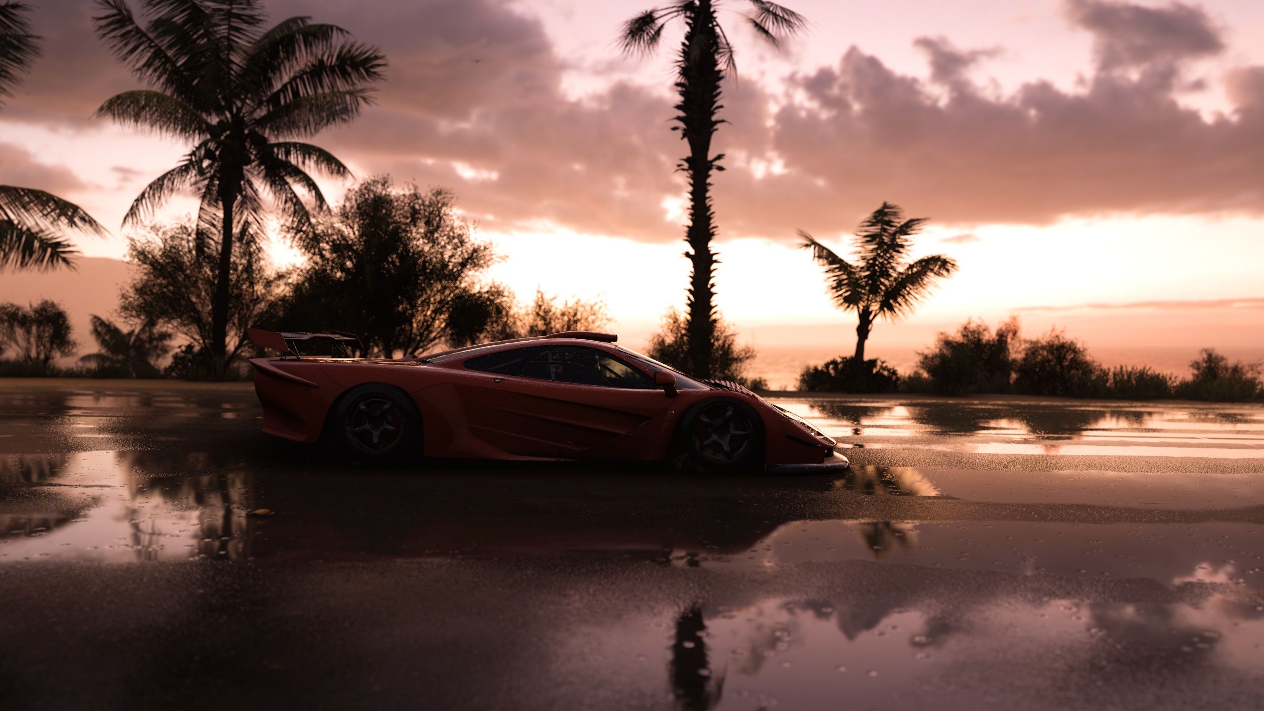 2560x1440 Wallpaper car, sky, sunset, water, clouds, palm trees, reflection, McLaren F1 for mobile and desktop, section игры, resolution 2560x1440