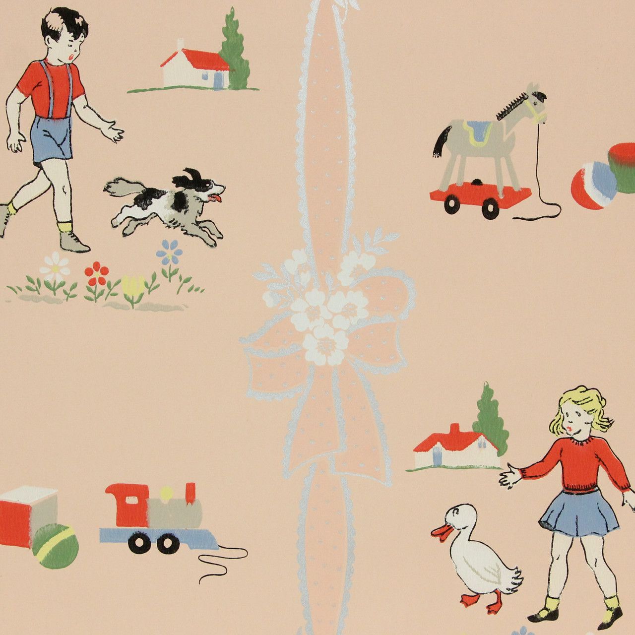 1280x1280 1940s Vintage Wallpaper Pink Nursery Country Scene's Vintage Wallpaper
