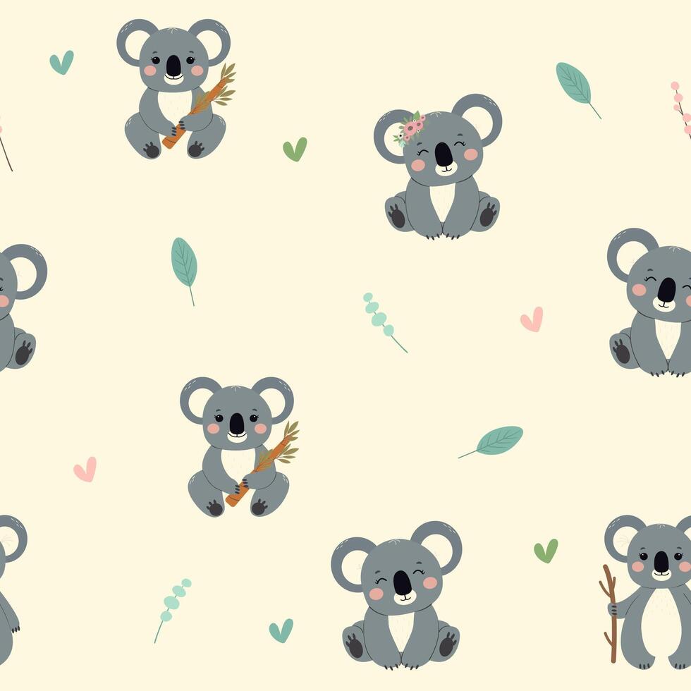 980x980 Cute koalas on a seamless background. Creative print for fabric, children's room. Children's drawing in flat style. Template for textile, wallpaper, packaging, cover