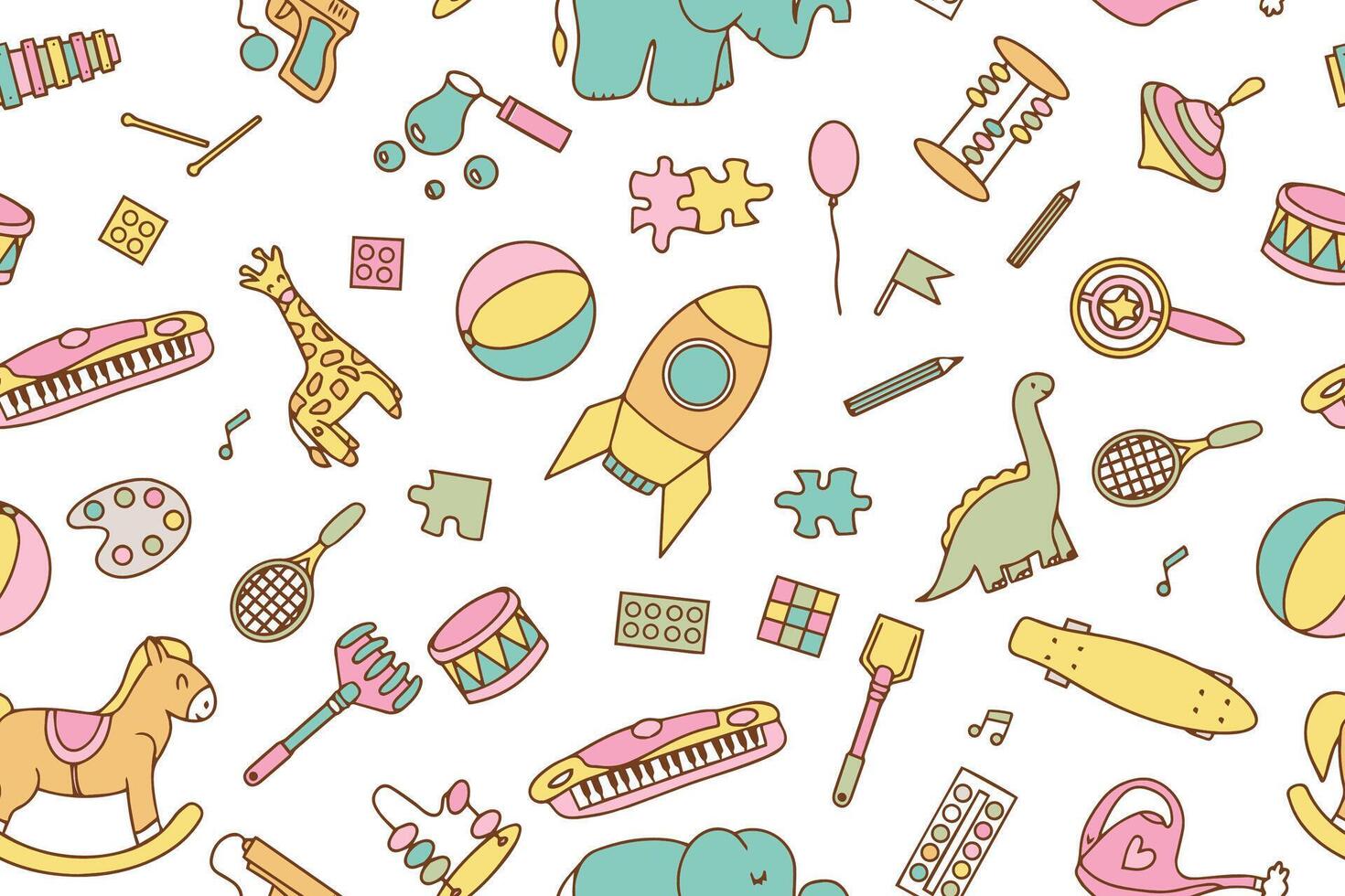 1470x980 Seamless pattern with children's toys in doodle style on white background. Design for wrapping paper, textile, children's clothes, wallpaper, packaging. hand drawn illustration