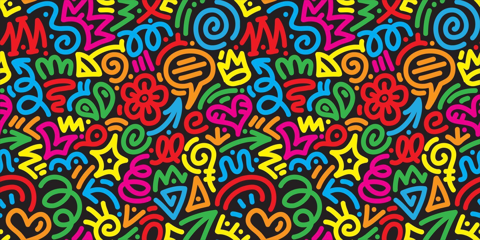 1920x960 fun colorful line doodle seamless pattern. Creative abstract art background collection for children or festive celebration design. Simple childish scribble wallpaper print texture bundle
