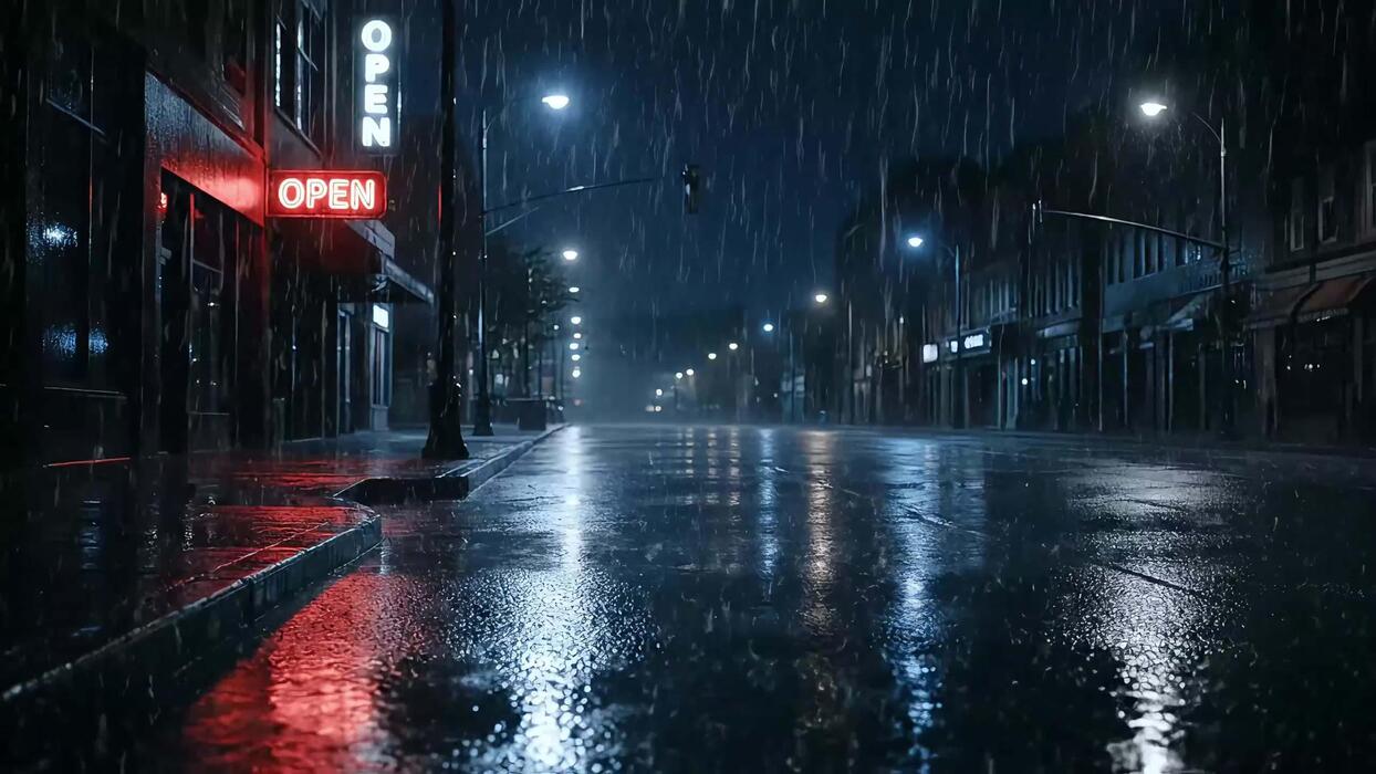 1244x700 Rainy City Nightscape Wet Street Reflections Dark Urban Scene Moody Atmosphere Neon Open Sign Downtown Roadway Scenery Town Ambience