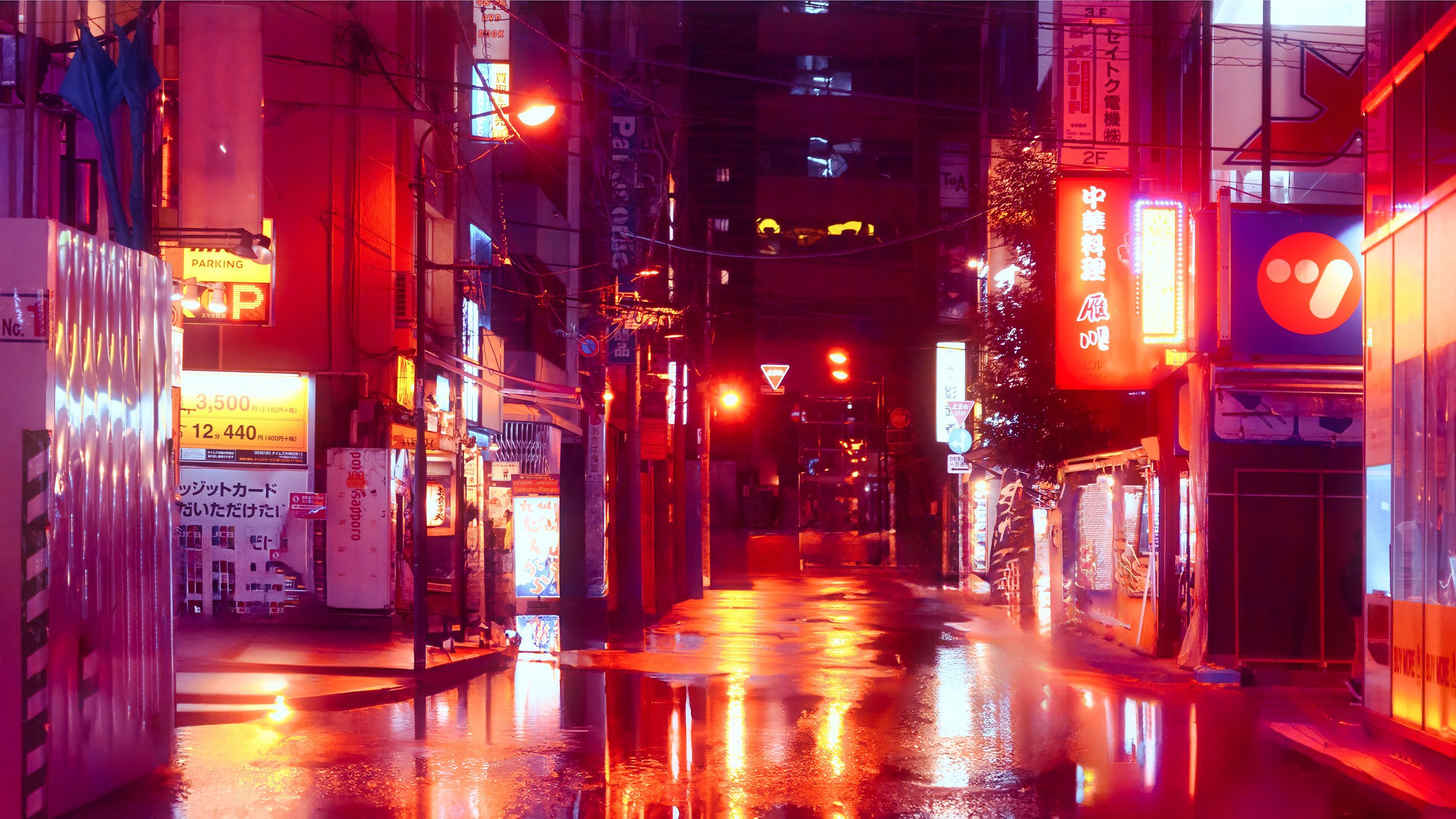 3000x1688 Night City Street after Rain Illuminated by Colorful Neon Signs Reflecting on a Wet Road · Free