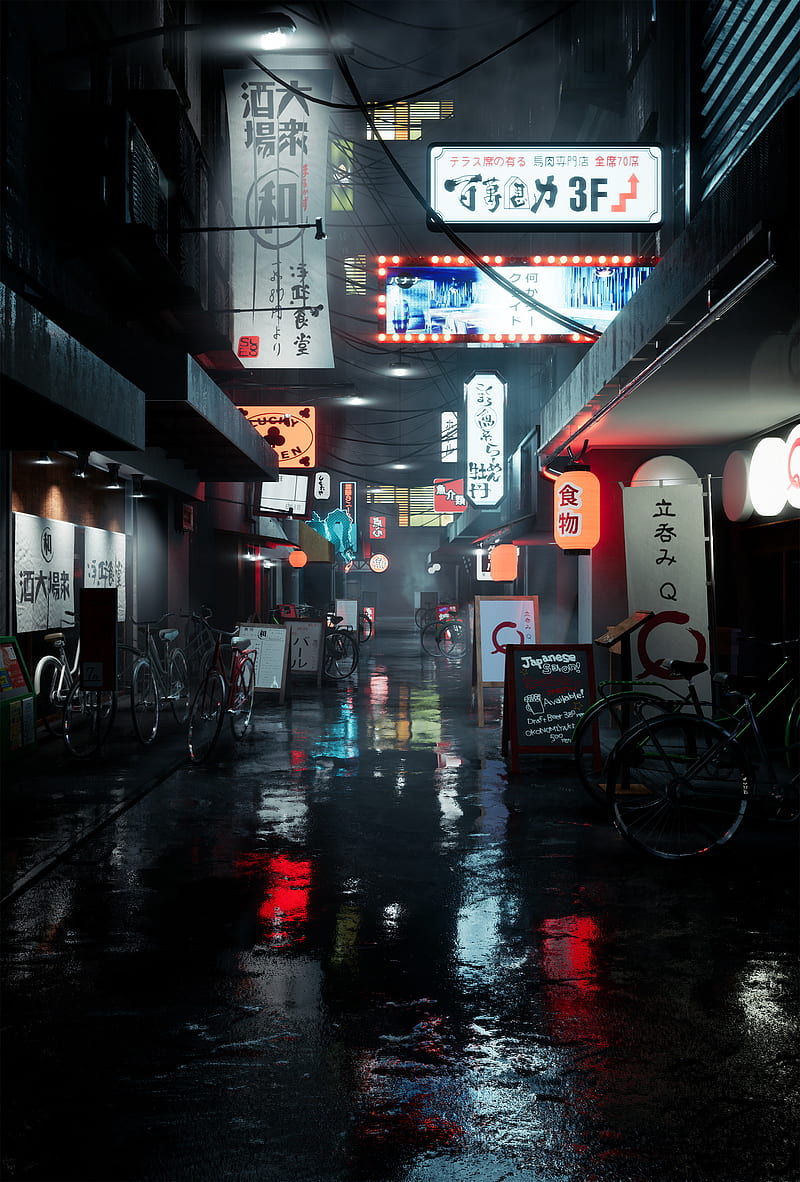 800x1182 City, 3D, japan, kanji, text, bicycle, road, wet, vertical, portrait display, HD phone wallpaper