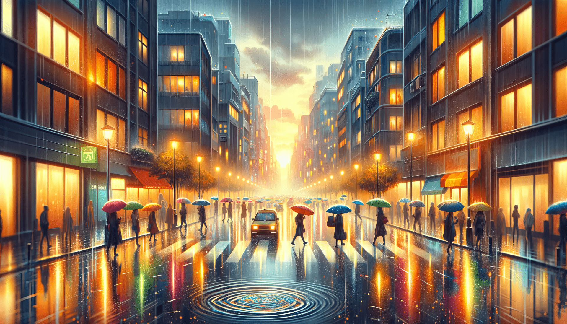 1920x1097 HD Rainy Cityscape Wallpaper with Glowing Sunsetx2048