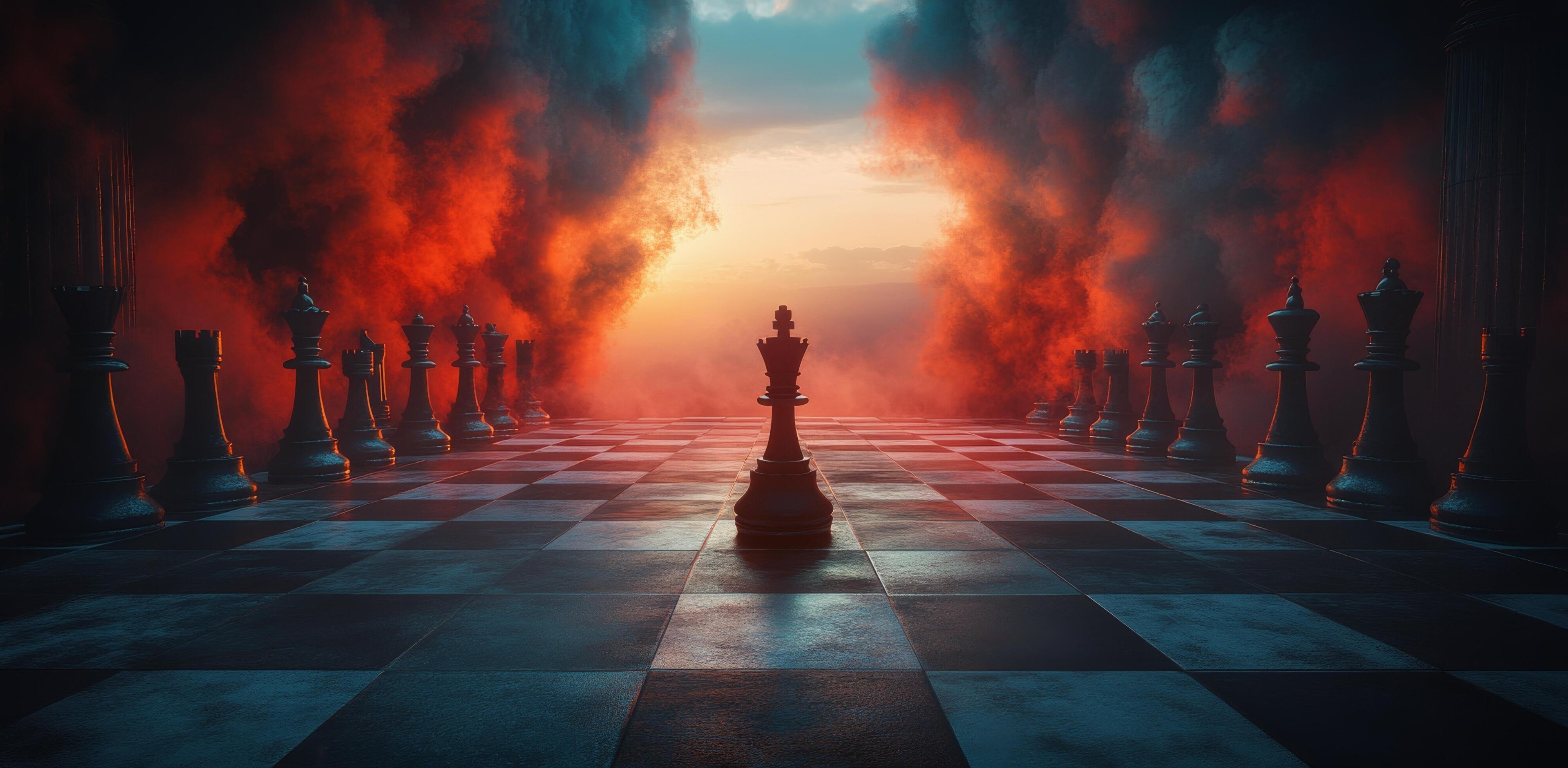 4002x1960 A chess board with a king standing in front of a red and black background