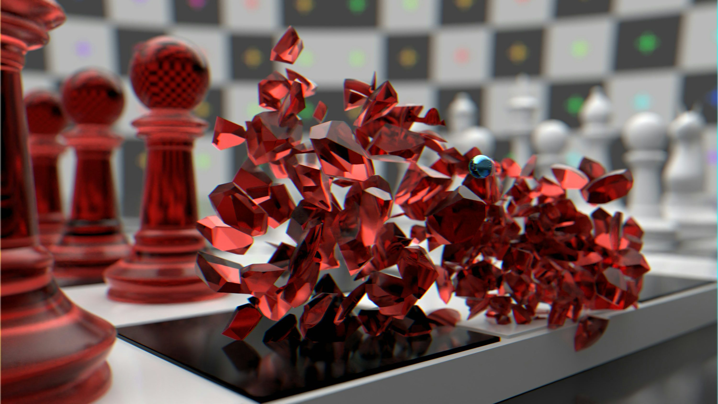 3000x1688 Shattering red glass chess piece on a chessboard