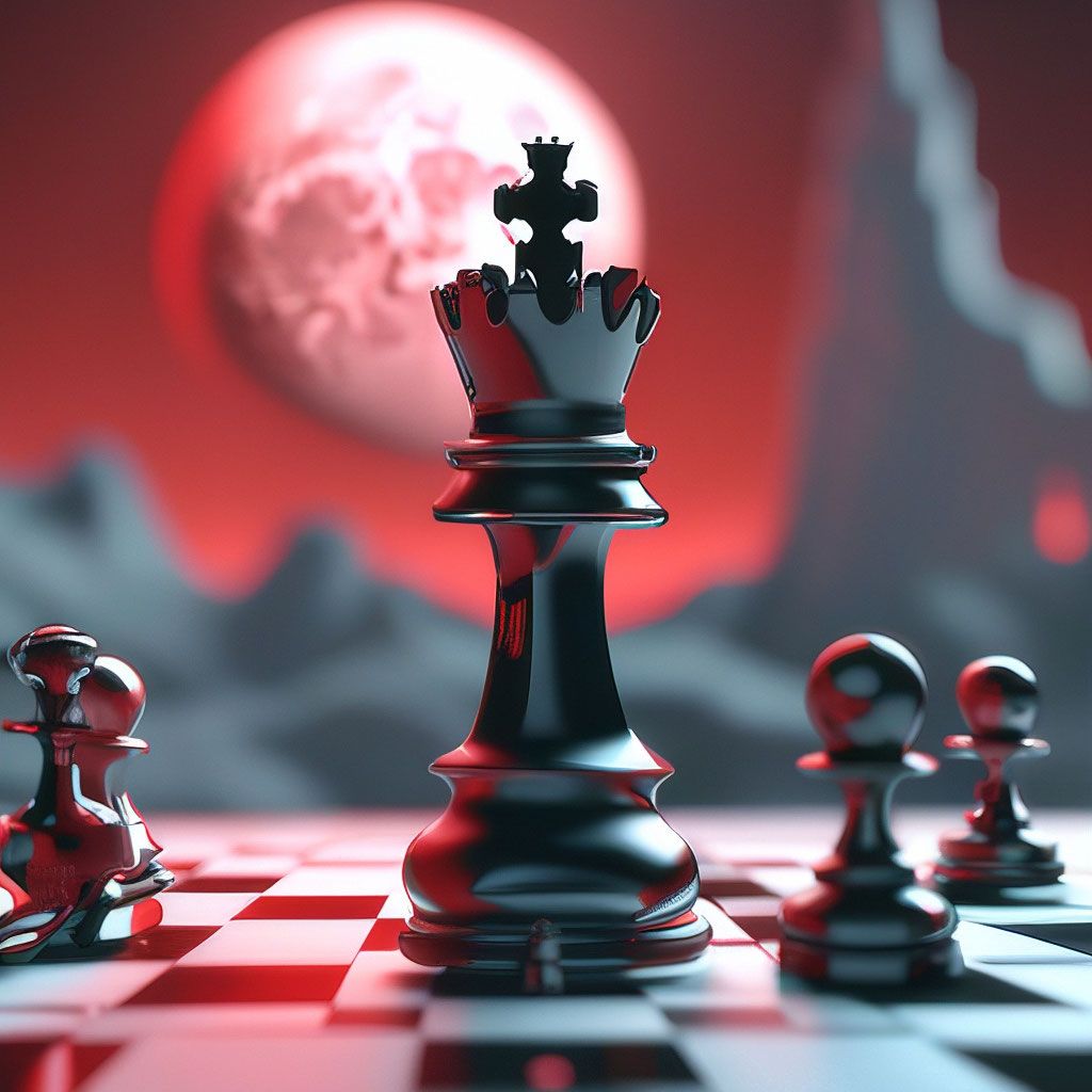1024x1024 The chess piece king stands against the background of the red moon. Red and
