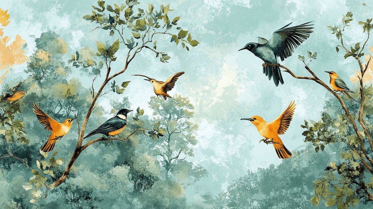 1214x680 Birds Mural Wallpaper. Mint Green Forest Design