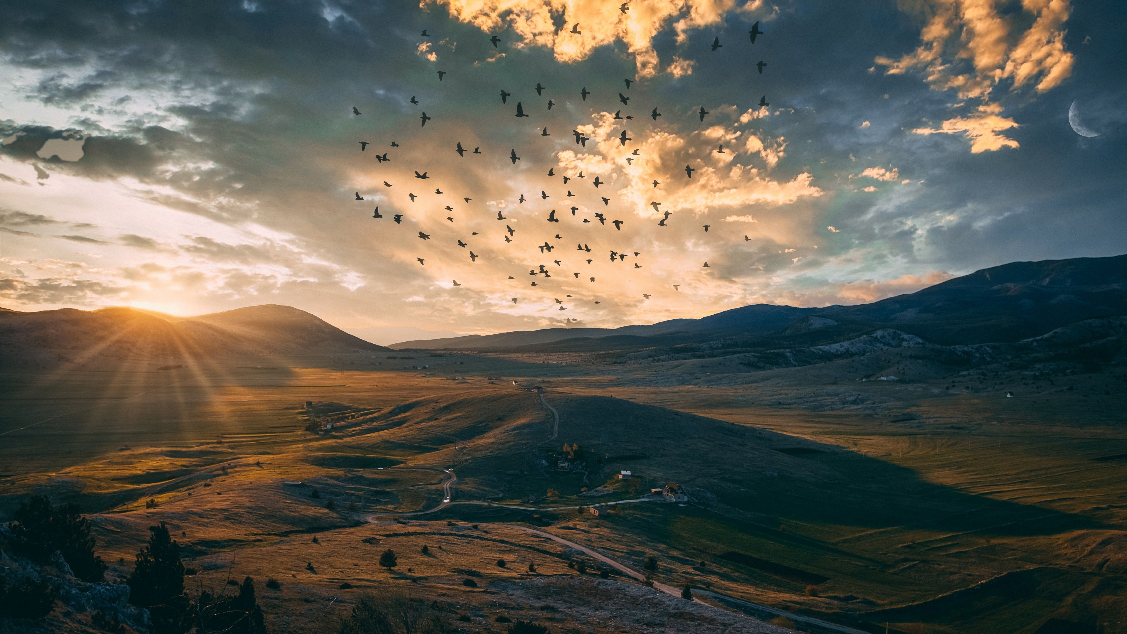 3840x2160 Hills Landscape Under Cloudy Sky And Flying Birds During Sunset 4K 5K HD Nature Wallpaper