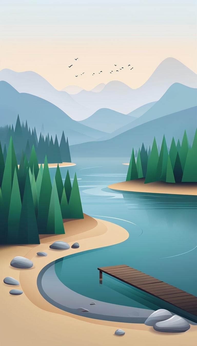 768x1344 Serene Lake and Hills Minimalist Vector Illustration Mobile Wallpaper
