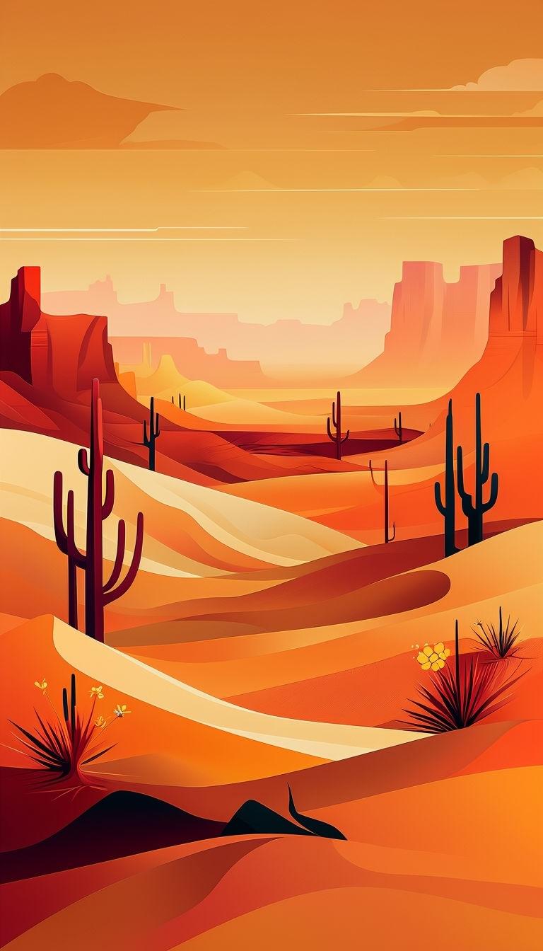 768x1344 Warm Desert Landscape Illustration with Cacti and Dunes Mobile Wallpaper