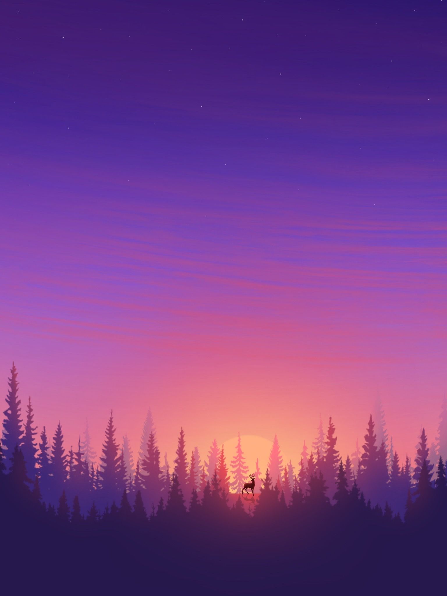1536x2048 Phone wallpaper: Purple, Violet, Art, Vector, Sun, Spruce, Fir, Deer 101882