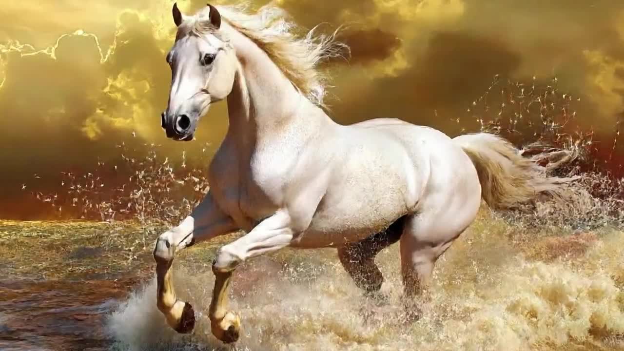 1280x720 3D White Horse Running On Water Wallpaper Mural. Dramatic Ocean Stallion Wall Art. Bold Statement Wall Decor. Modern Peel And Stick