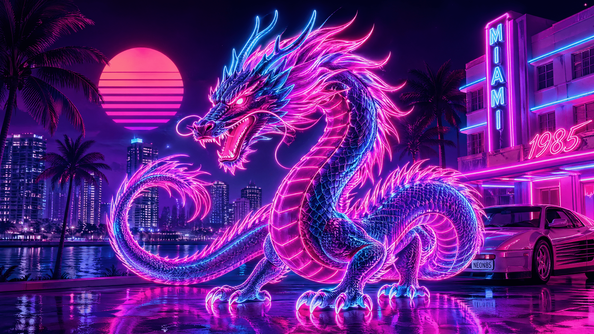 1920x1080 Download Neon Dragon Dragon Neon Cyberpunk Synthwave 4k Ultra HD Wallpaper