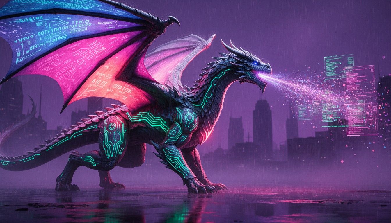 1344x768 Download Cyber Dragon Emerges Image, Cyberpunk, Digital