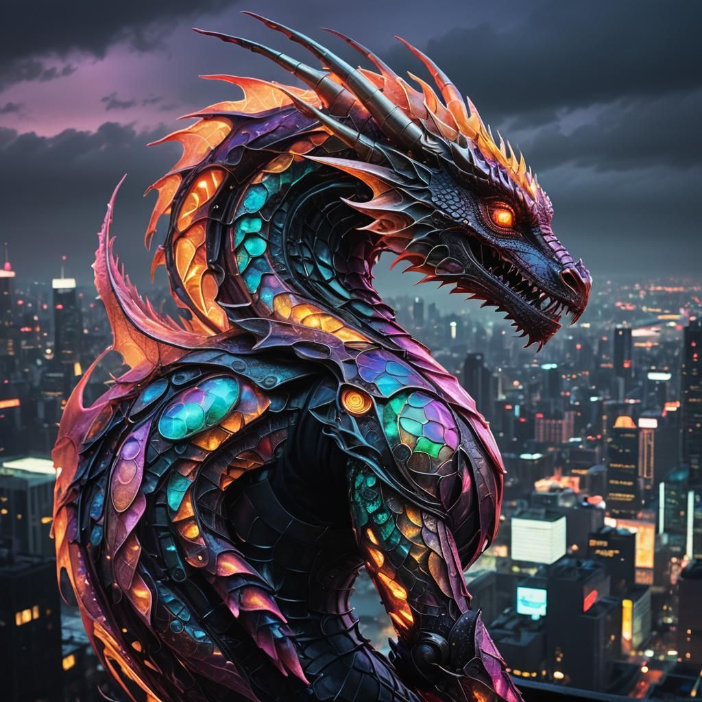 1024x1024 Cute dragon Tattoo in Cyberpunk Neon Cityscape
