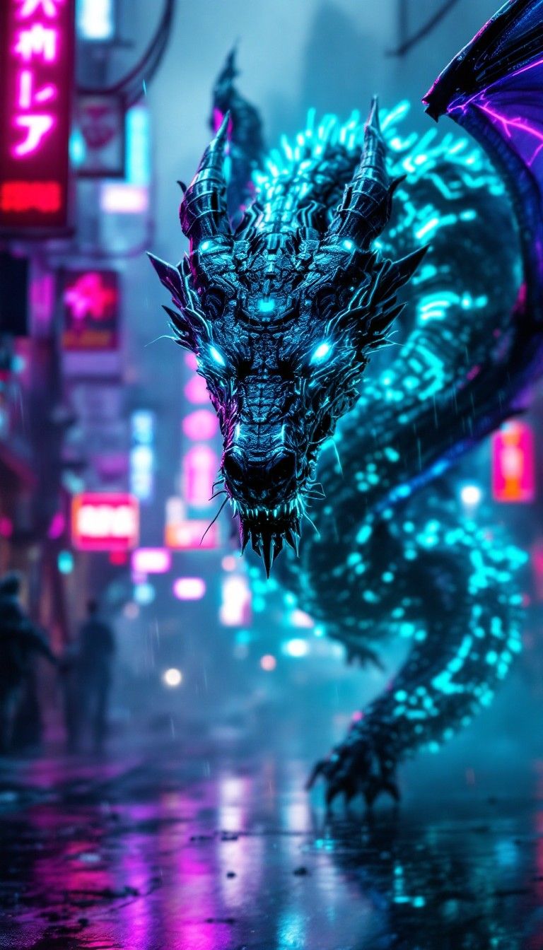 768x1344 Download Cyberpunk Dragon Emerges Image, Cyberpunk, Neon