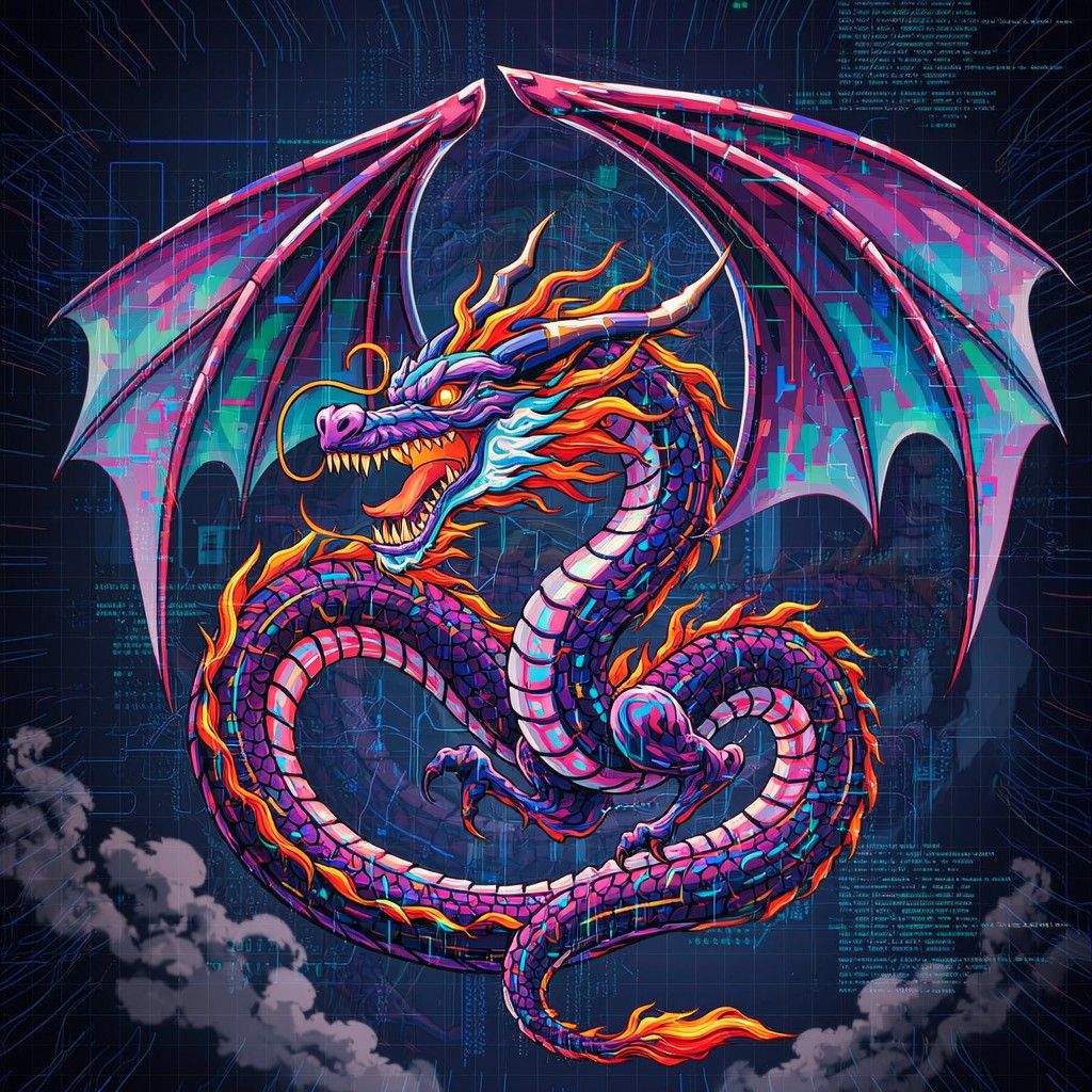 1024x1024 Download Neon Cyber Dragon Image, Cyberpunk, Pixelart