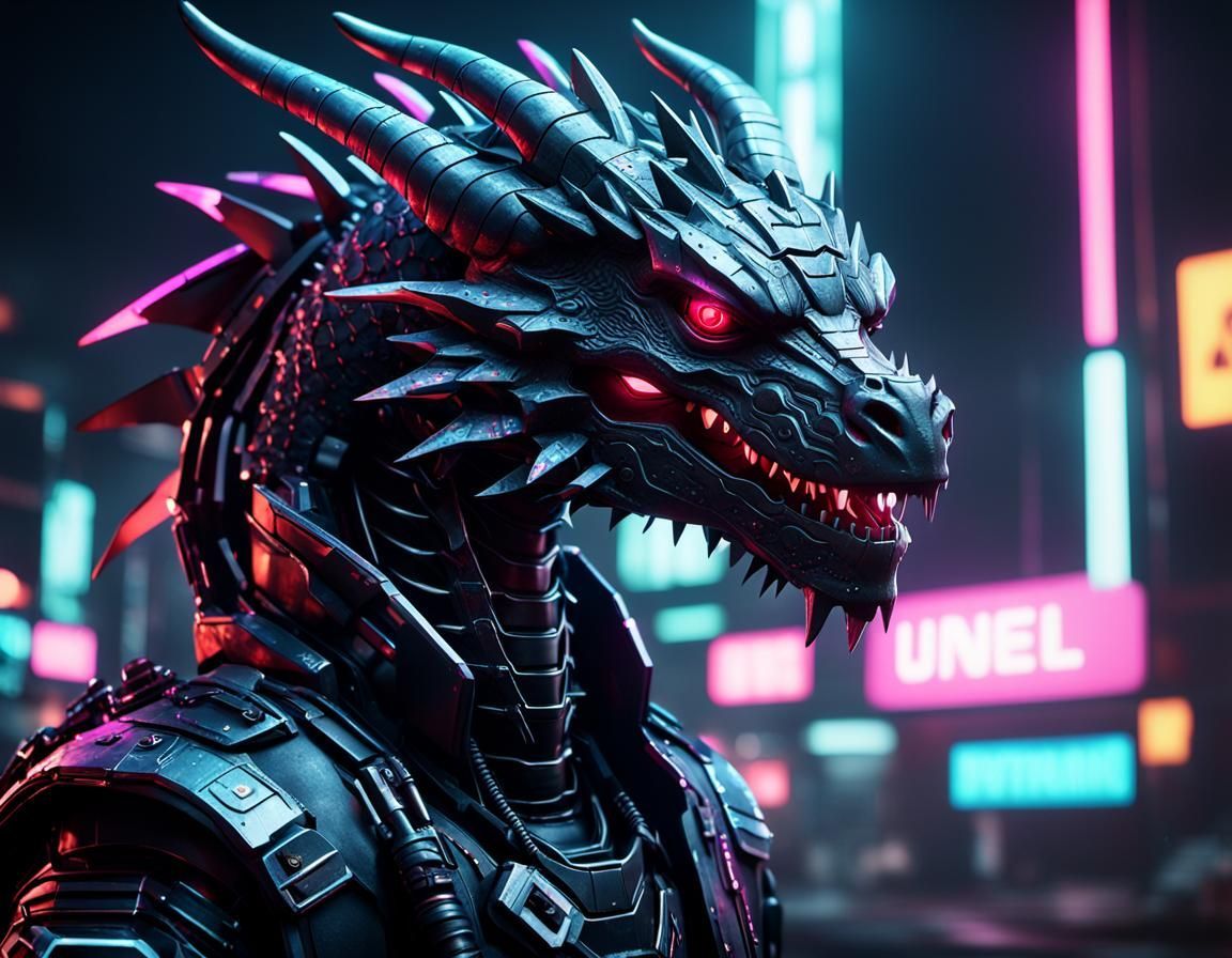 1152x896 Cyberpunk Dragon Humanoid in Neon Future, 3D Rende