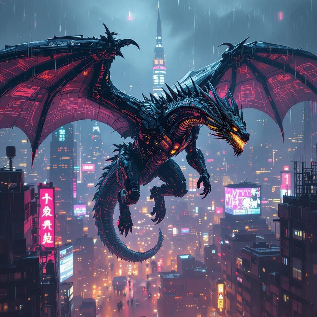 1024x1024 Cyberpunk Biomechanical Dragon Soaring Over Metrop