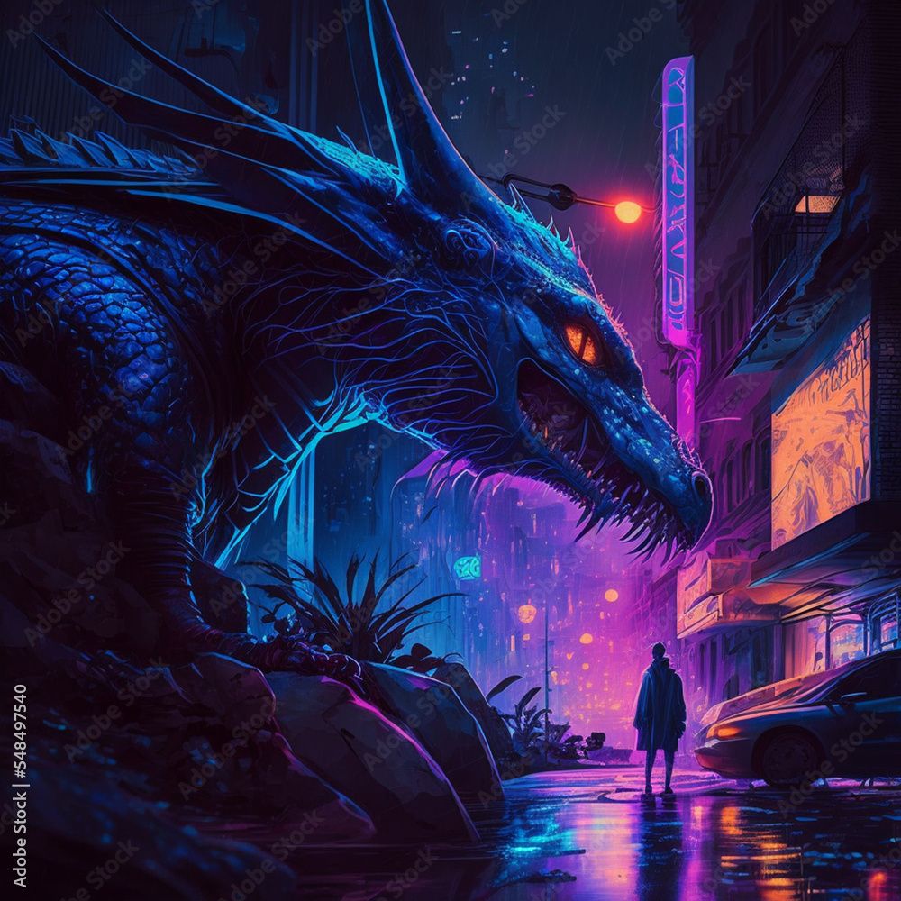 1000x1000 Cyberpunk Dragon In Neon City Stock Illustration