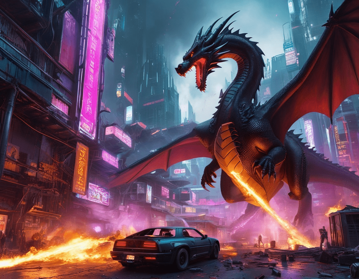 1152x896 Black Dragon Over Cyberpunk Cityscape with Neon Lights. Deep Dream Generator